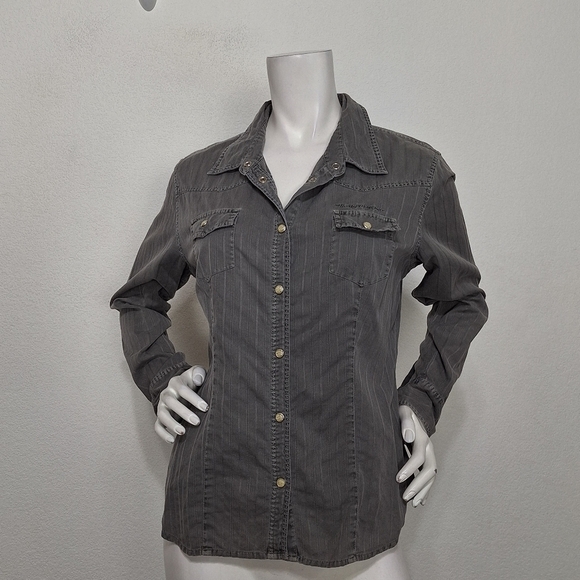 Harley Davidson Gray Moto Bikercore Long Sleeve Button Front Denim Jacket Size M - Picture 1 of 13